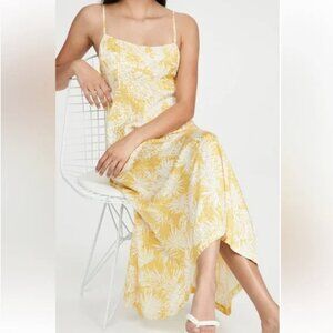 Rebecca Taylor Yellow & White Palmetto Fleur Ruched Sleeveless Midi Dress Size 4